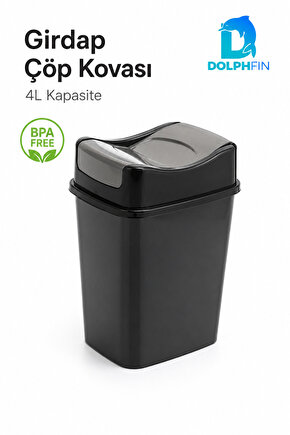 Girdap 4 Litre Sallanır Kapaklı Mini Çöp Kovası Banyo Mutfak Ofis Siyah Füme