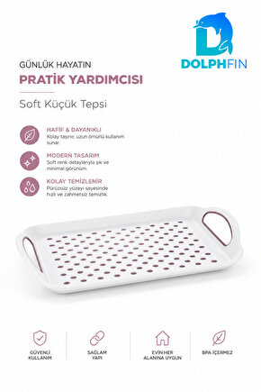 Soft Küçük Boy Kulplu Plastik Servis Tepsisi Nokta Desenli Beyaz Pudra BPA İçermez