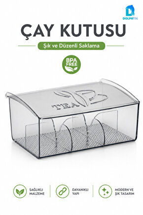 3 Bölmeli Kapaklı Şeffaf Çay Kutusu Poşet Çay Organizeri 22x17x9 cm BPA İçermez