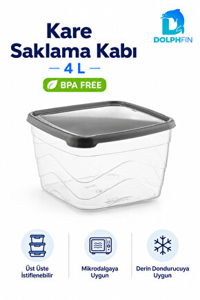 4 Litre Kapaklı Kare Saklama Kabı İstiflenebilir BPA İçermez Şeffaf Siyah