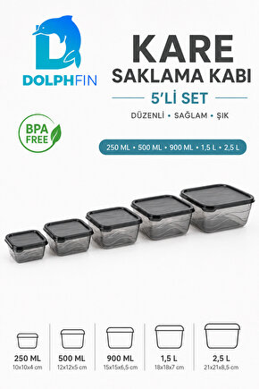 5’li Kare Saklama Kabı Seti Kapaklı 250 ml 500 ml 900 ml 1,5 L 2,5 L BPA İçermez