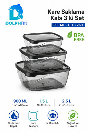 3’lü Kare Saklama Kabı Seti Sızdırmaz Kapaklı 900 ml 1,5 L 2,5 L BPA İçermez