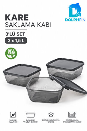 3’lü Kare Saklama Kabı Seti 3x1,5 Litre Füme Şeffaf Siyah Kapaklı BPA İçermez
