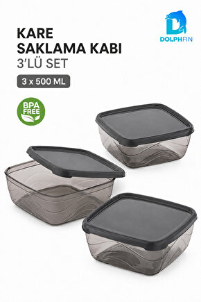 3’lü Kare Saklama Kabı Seti 3x500 ml Füme Şeffaf Siyah Kapaklı BPA İçermez
