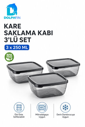 3’lü Kare Saklama Kabı Seti 3x250 ml Füme Şeffaf Siyah Kapaklı BPA İçermez