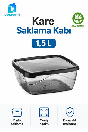 Kare Saklama Kabı 1,5 Litre Füme Şeffaf Siyah Kapaklı Buzdolabı Kabı BPA İçermez