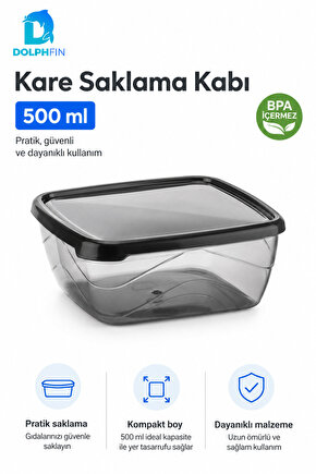 Kare Saklama Kabı 500 ml Füme Şeffaf Siyah Kapaklı Buzdolabı Kabı BPA İçermez