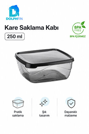 Kare Saklama Kabı 250 ml 10x10x4 cm Füme Şeffaf Siyah Kapaklı BPA İçermez