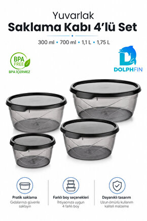 4’lü Yuvarlak Saklama Kabı Seti 300 ml 700 ml 1,1 L 1,75 L Füme Şeffaf BPA İçermez