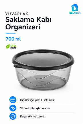 Yuvarlak Saklama Kabı 700 ml 14,5x14,5x6 cm Şeffaf Siyah Kapaklı BPA İçermez