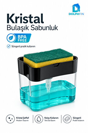 Kristal Bulaşık Sabunluğu 9x14x10,5 cm Sünger Hazneli Basmalı Sıvı Sabunluk BPA İçermez