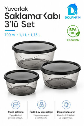 3’lü Yuvarlak Saklama Kabı Seti 700 ml 1,1 L 1,75 L Füme Şeffaf BPA İçermez