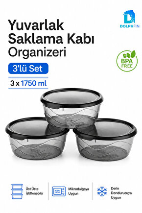 3’lü Yuvarlak Saklama Kabı Seti 3x1,75 Litre Füme Şeffaf Siyah Kapaklı BPA İçermez