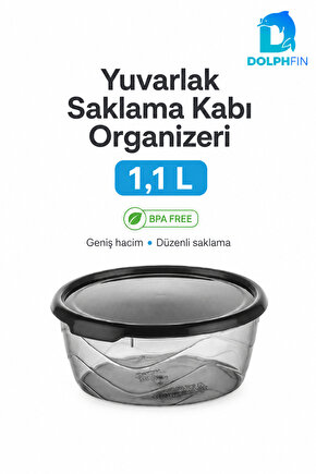 Yuvarlak Saklama Kabı 1,1 Litre 17x17x7 cm Füme Şeffaf Siyah Kapaklı BPA İçermez