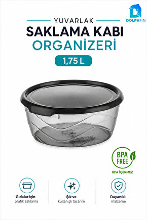 Yuvarlak Saklama Kabı 1,75 Litre 19,5x19,5x9 cm Şeffaf Siyah Kapaklı BPA İçermez