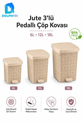 Jute 3’lü Pedallı Çöp Kovası Seti 6 L + 12 L + 18 L