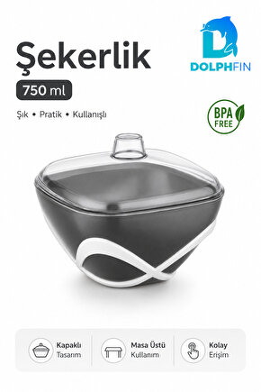 DolpFin 750 ml Kapaklı Şekerlik Siyah Beyaz Masaüstü Toz ve Küp Şeker Kabı BPA İçermez