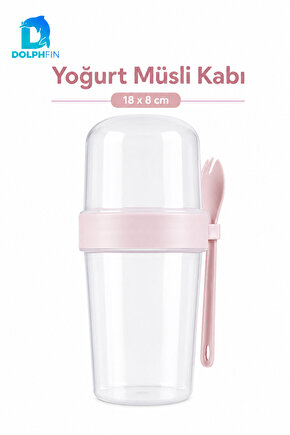 Yoğurt Müsli Kabı Kaşıklı Çift Bölmeli Sızdırmaz Taşınabilir Pembe 18x8 cm