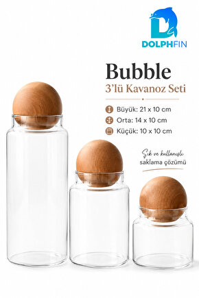 Bubble 3’lü Cam Kavanoz Seti Küre Ahşap Kapaklı Erzak Saklama Kabı
