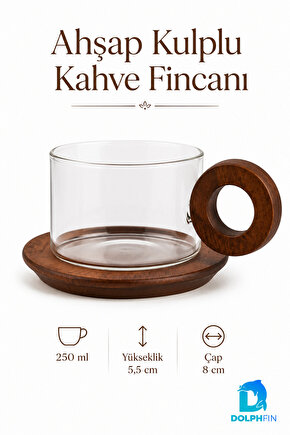 250 ml Ahşap Kulplu Cam Kahve Fincanı Ahşap Tabaklı 8 cm