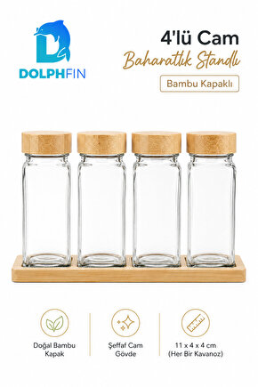 4’lü Cam Baharatlık Seti Bambu Kapaklı Standlı 11x4x4 cm