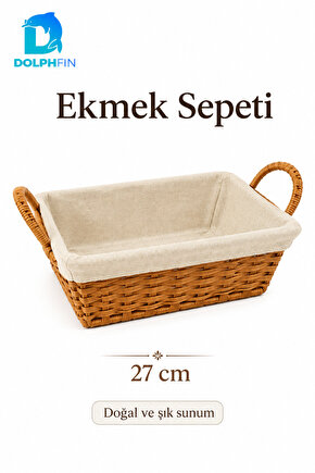 27 cm Hasır Ekmek Sepeti Kumaş Astarlı Kulplu Dikdörtgen Sunum Sepeti