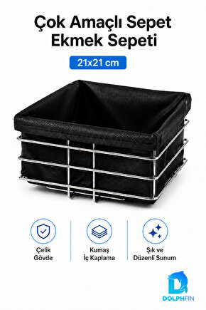 Çok Amaçlı Metal Ekmek Sepeti Kumaş İç Kaplamalı Kare 21x21 cm Siyah
