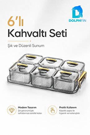 6’lı Kapaklı Kahvaltılık Seti Şeffaf Gold Kulplu Sunum Tepsili