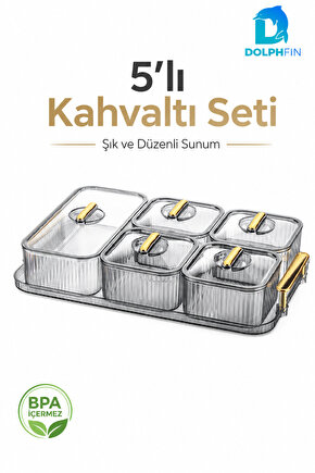 5’li Kapaklı Kahvaltılık Seti Şeffaf Gold Kulplu Sunum Tepsili BPA İçermez