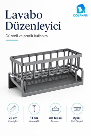 Lavabo Düzenleyici Alt Tepsili Süngerlik Fırçalık Deterjanlık 23 cm Antrasit