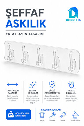 5 Kancalı Şeffaf Yapışkanlı Duvar Askılığı Delmeden Montaj