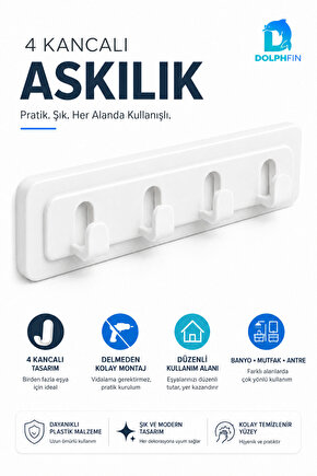 4 Kancalı Yapışkanlı Duvar Askılığı Delmeden Montaj Beyaz