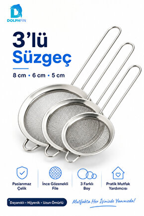 3’lü Paslanmaz Çelik Süzgeç Seti İnce Fileli 8 cm 6 cm 5 cm