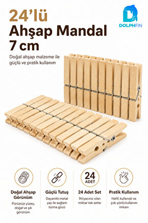 24’lü Ahşap Çamaşır Mandalı 7 cm Metal Yaylı Güçlü Tutuş