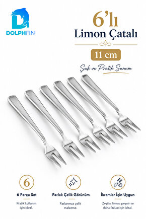 6’lı Paslanmaz Çelik Limon Çatalı Seti 11 cm – Mini İkram ve Sunum Çatalı