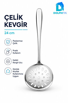 24 cm Paslanmaz Çelik Delikli Kevgir Kaşık Süzgeç Servis Kepçesi