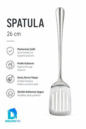 26 cm Paslanmaz Çelik Delikli Servis Spatulası Uzun Saplı Geniş Yüzeyli