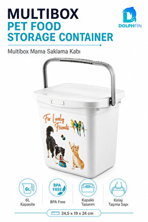 Multibox 6 L Kapaklı Kedi Köpek Mama Saklama Kabı Taşıma Saplı BPA Free