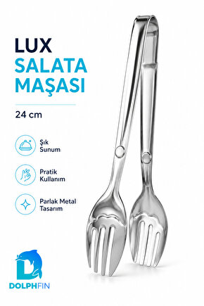 Lux 24 cm Paslanmaz Çelik Salata Maşası Kaşık Çatal Servis Maşası