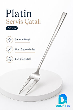 30 cm Platin Servis Çatalı Uzun Saplı İki Dişli Et Sunum Çatalı