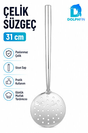 Paslanmaz Çelik Kevgir Süzgeç 31 cm Uzun Saplı Delikli Servis Kaşığı