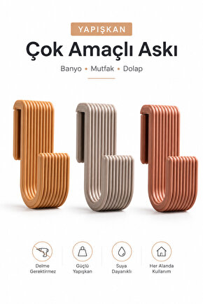 3lü Yapışkan Askı 8 mm Çok Amaçlı Banyo Mutfak Dolap Havlu ve Bez Askılığı