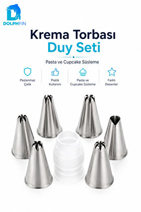Krema Torbası Duy Seti 6 Uç 1 Adaptör Paslanmaz Çelik Pasta Cupcake Süsleme Ucu