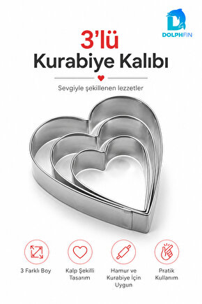 Kalp Kurabiye Kalıbı 3’lü Metal Hamur Kesici Paslanmaz Kalp Şekilli Kalıp Seti
