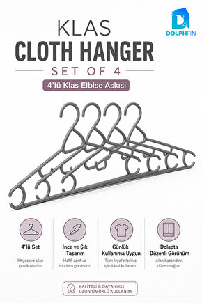 Klas Elbise Askısı 4’lü Plastik Kıyafet Askısı Dolap İçi Gardırop Düzenleyici 38x19 cm