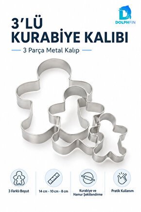 3’lü Metal Kurabiye Kalıbı Adam Figürlü 14-10-8 cm Paslanmaz Kurabiye Hamur Kesici Set