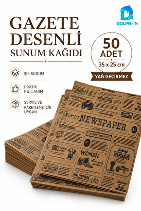 Gazete Desenli Sunum Kağıdı 50 Adet 35x25 cm Yağ Geçirmez Hamburger Patates Servis Kağıdı