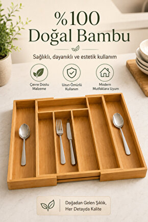 Bambu Kaşıklık Ayarlanabilir Çekmece İçi Çatal Kaşık Bıçak Düzenleyici Organizer 30-43x35 cm