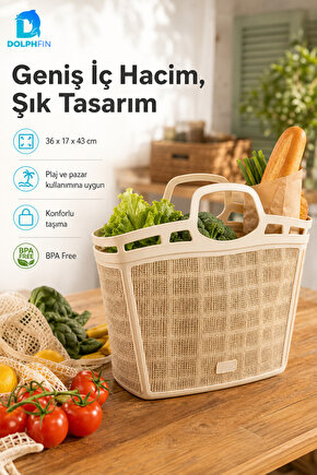 Jute Pazar Çantası Plastik Alışveriş Taşıma Sepeti Mutfak Kiler Saklama Organizeri 36x17x43 cm