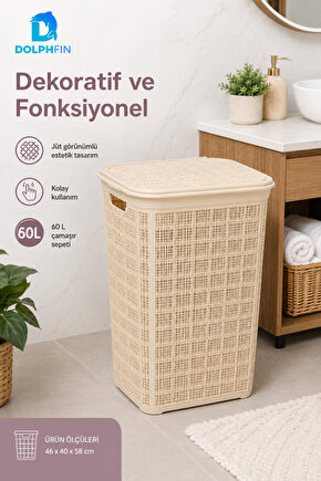 Jute Kirli Çamaşır Sepeti 60 L 46x40x58 cm Oyuncak Saklama Taşıma Banyo Düzenleyici Sepet